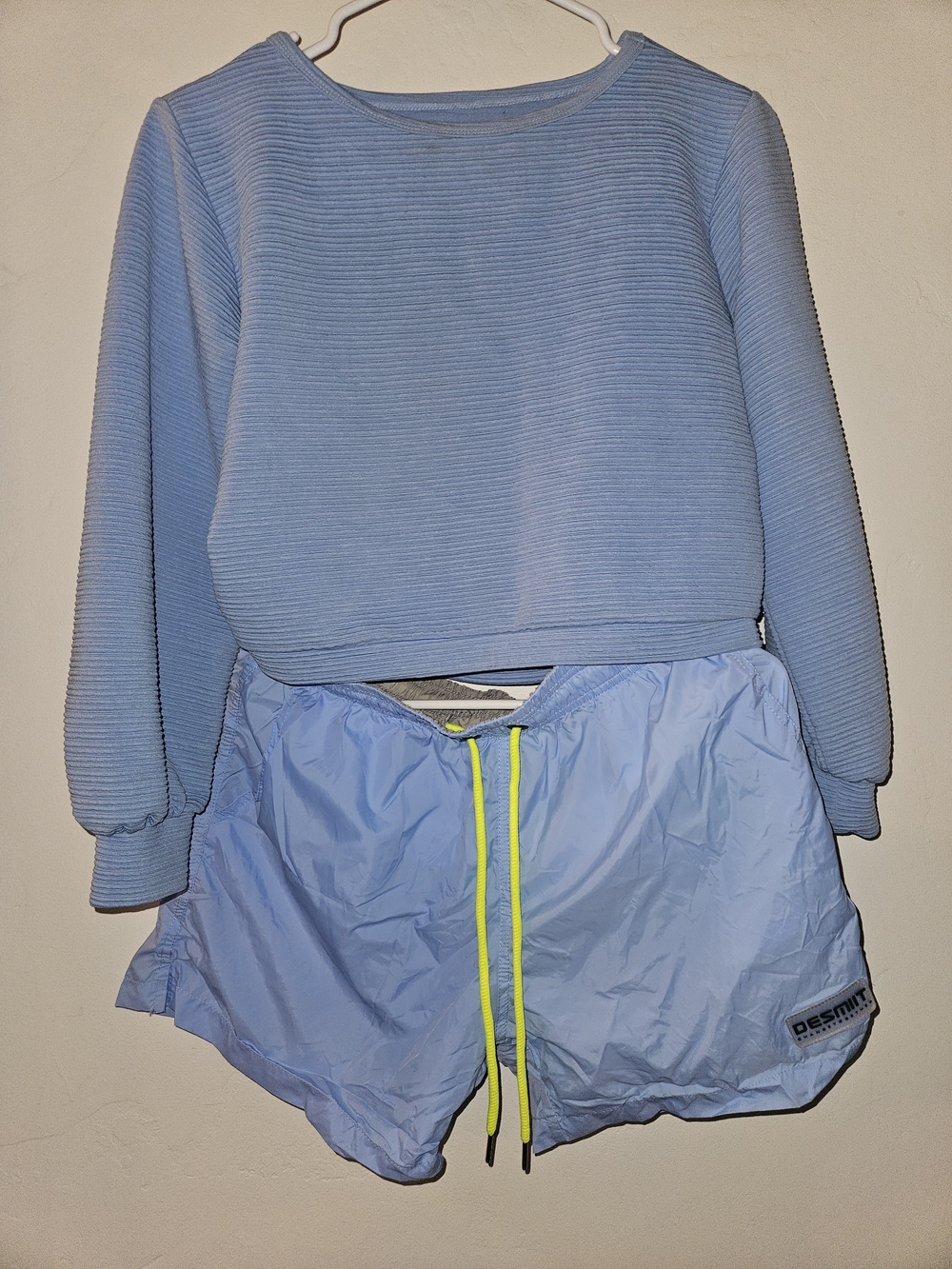Light Blue Ribbed Cropped Sweater with Sky Blue Athletic Shorts
